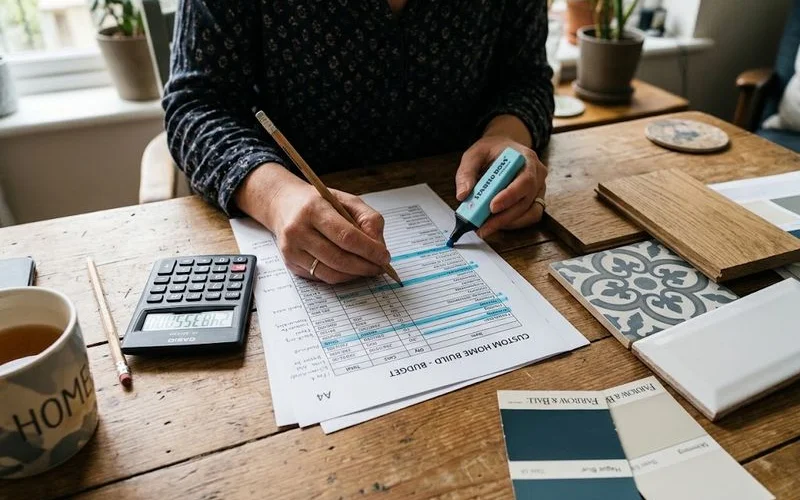 A tape measure and house floor plan laid out on a table next to a laptop showing a cost estimate, used to illustrate budgeting for a custom home build