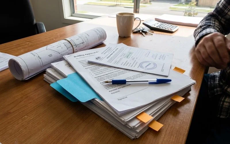 A council building approval letter and a set of architectural plans laid on a desk, illustrating the paperwork stage of getting a custom home approved
