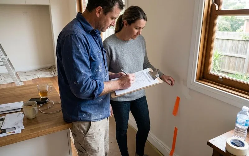 A homeowner pointing out a small crack in a wall to a builder during a defects inspection walkthrough after handover