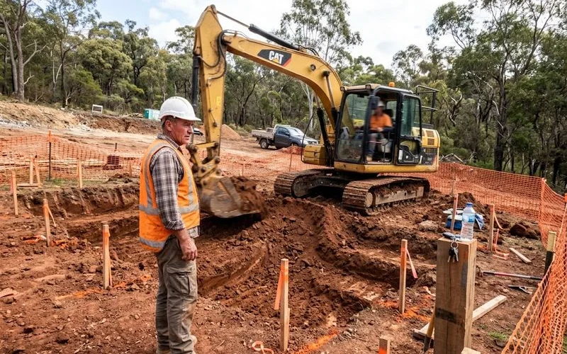 An excavator working on a sloping residential block with a partially completed retaining wall, showing the earthworks stage of a split-level home build