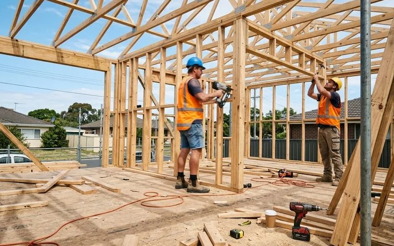 A timber house frame partway through construction with the roof trusses visible against a blue sky, illustrating the frame and lock-up stage of a custom home build