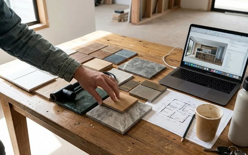 An architect and homeowner reviewing detailed joinery and finish selections for a luxury custom home, with material samples spread across the table