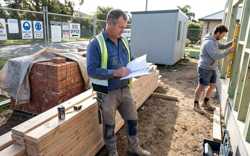 A homeowner in work clothes reviewing building plans on site next to partially completed construction, illustrating an owner-builder managing their own project