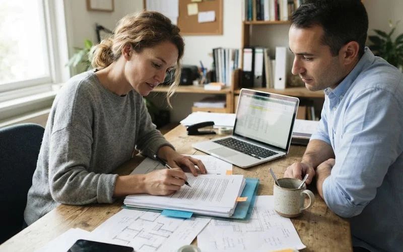A homeowner and builder reviewing a building contract document together at a table, discussing fixed price and cost-plus terms before signing