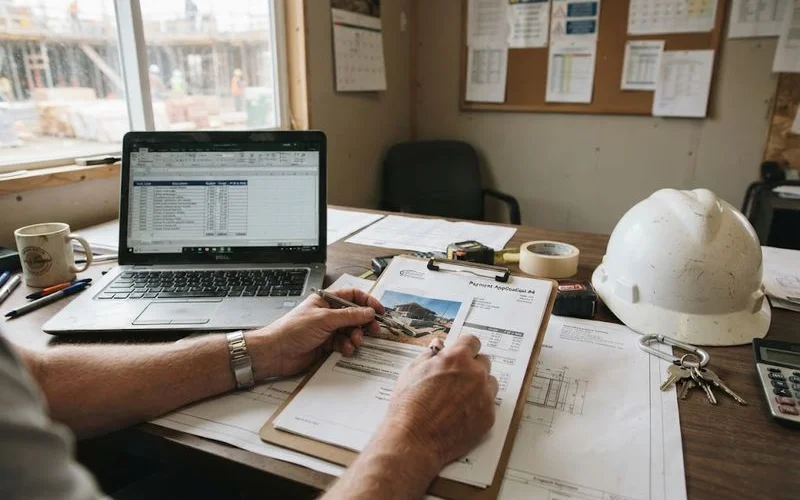 A homeowner reviewing a progress payment invoice against photos of completed construction stages on a laptop