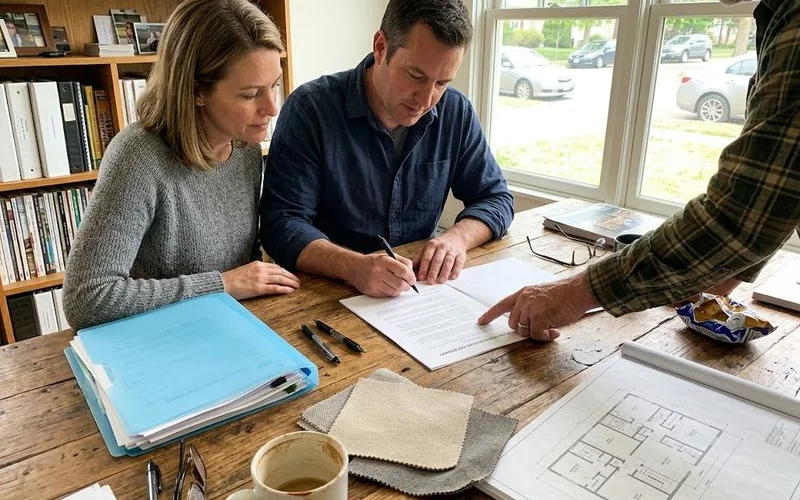 A homeowner and a builder shaking hands over a set of house plans spread across a table, illustrating the moment a building contract is agreed