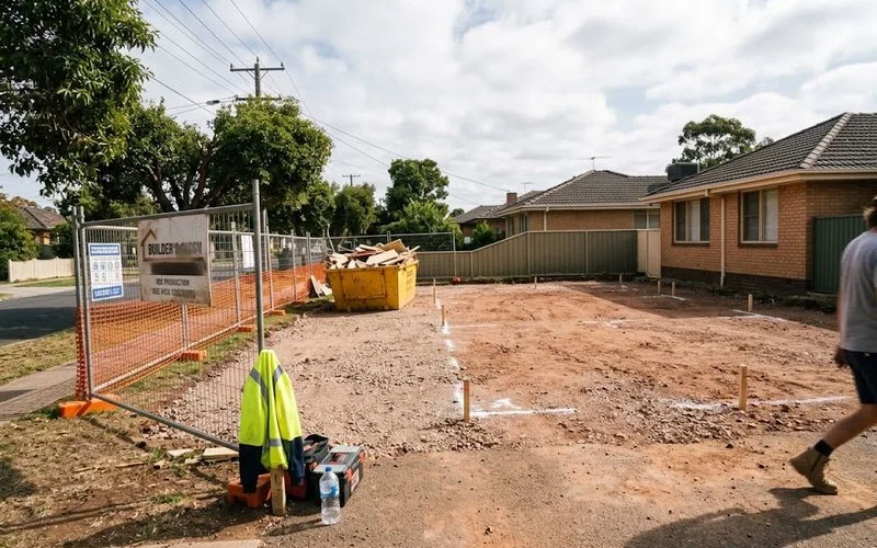 A cleared residential block with demolition debris removed and construction fencing up, ready for a new home build to begin
