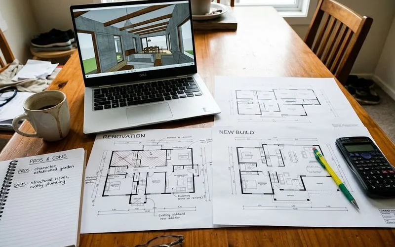 A homeowner standing in front of an older house holding building plans, weighing whether to renovate, extend, or demolish and rebuild